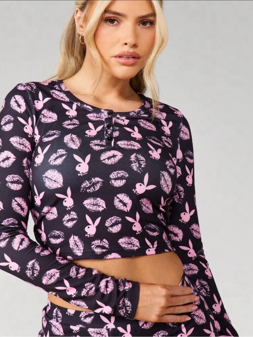 PLAYBOY Black and Pink Long-Sleeve Crop Top & Shorts Sleep Set
